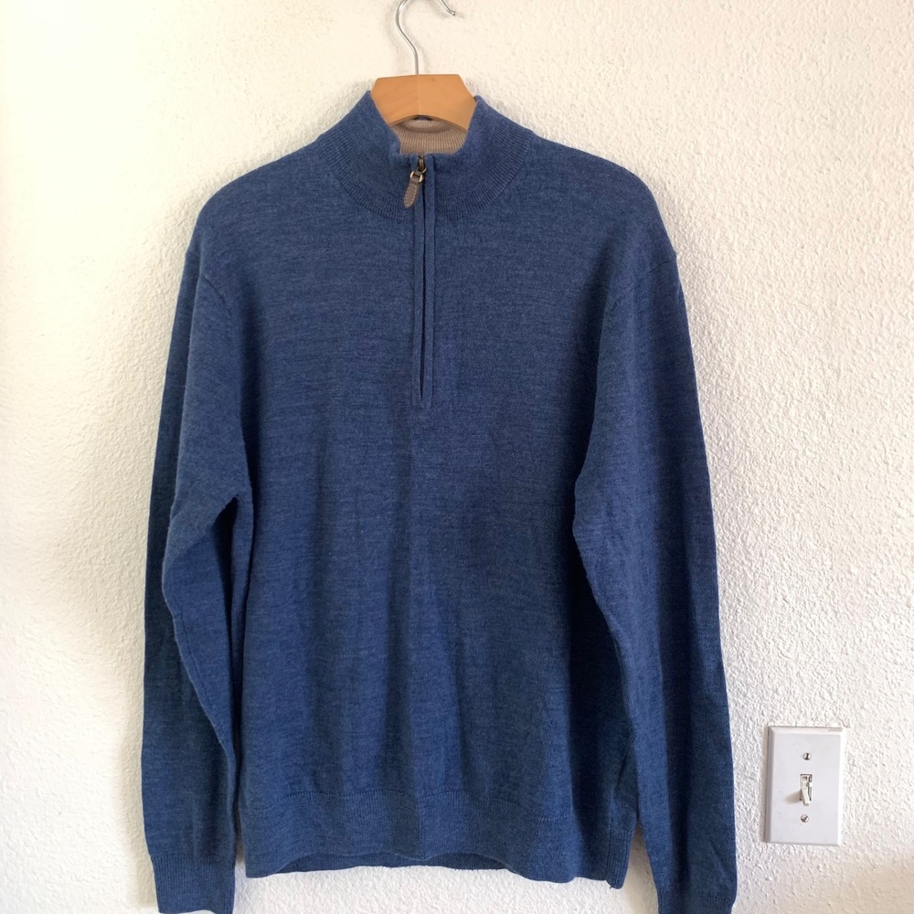 Stile Di Vita Mens Blue 100% Merino Wool Quarter Zip Mock Neck Sweater Size M